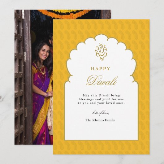 Gelukkige Diwali Groet Geel Goud Ganesh Feestdagenkaart (Voorkant / Achterkant)