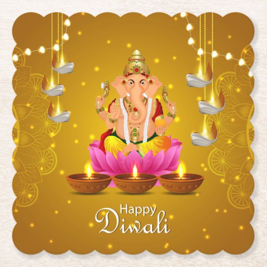 Gelukkige Diwali met Diya, Rangoli en Ganesh Kartonnen Onderzetters (Voorkant)