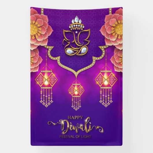 Gelukkige Diwali met Ganesh, Rangoli en Diya Spandoek (Verticaal)