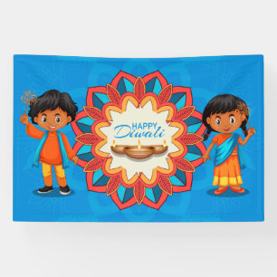 Gelukkige Diwali met Kinderen, Rangoli en Diya Spandoek