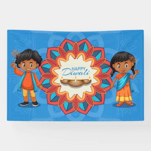 Gelukkige Diwali met Kinderen, Rangoli en Diya Spandoek (Horizontaal)