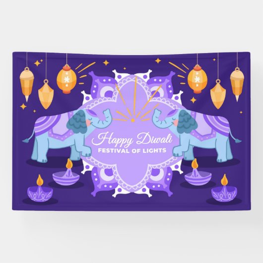 Gelukkige Diwali met Olifanten, Rangoli en Diya Spandoek (Horizontaal)