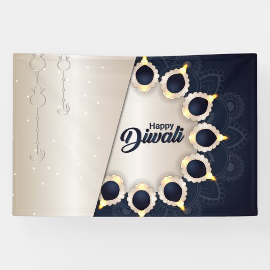Gelukkige Diwali met Rangoli en Diya Spandoek (Horizontaal)