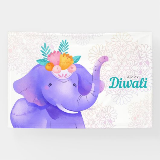 Gelukkige Diwali met Rangoli en Olifant Spandoek (Horizontaal)