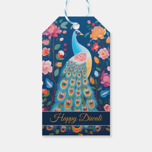 Gelukkige Diwali Peacock & Bloemen Cadeaulabel (Voorkant)
