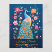 Gelukkige Diwali Peacock & Bloemen Feestdagenkaart (Voorkant)
