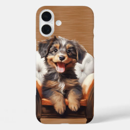 GELUKKIGE DRIEKLEURIGE LANGHARIGE PUPPY HOND iPhone 16 PLUS HOESJE