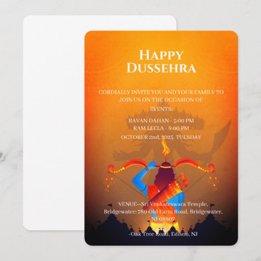 Gelukkige Dussehra-viering uitnodiging (Voorkant / Achterkant)