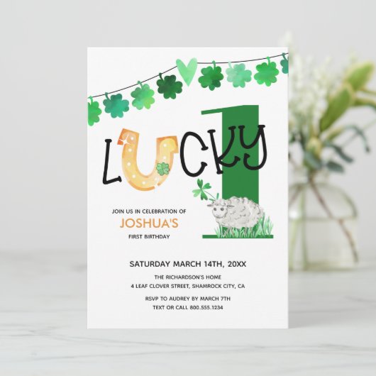 Gelukkige Eén eerste verjaardag Shamrock en Schaap Kaart (Staand voorkant)