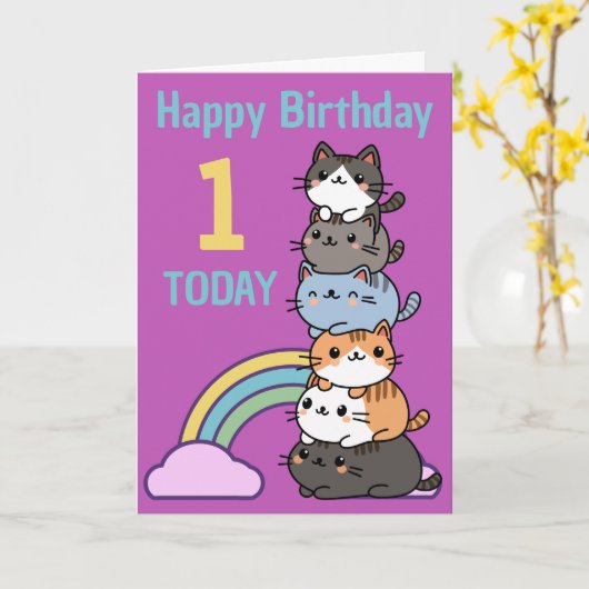 Gelukkige eerste (1e) verjaardagstack van katten m kaart (Gele Bloem)