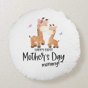 Gelukkige eerste Moederdag 🦒 Giraffe + Vlinders Rond Kussen