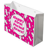 Gelukkige Eerste Periode Party Hot Pink Leuke Tamp Groot Cadeauzakje (Voorkant Gekanteld)