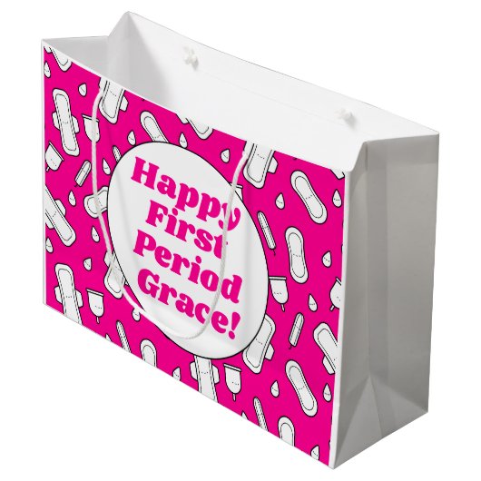 Gelukkige Eerste Periode Party Hot Pink Leuke Tamp Groot Cadeauzakje (Voorkant Gekanteld)