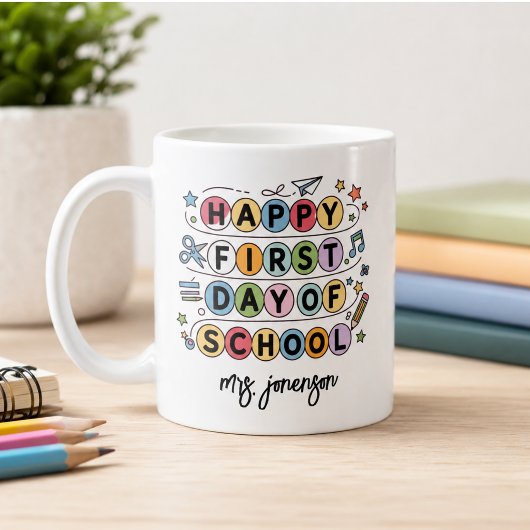 Gelukkige eerste schooldag gepersonaliseerde naam koffiemok