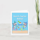 Gelukkige eerste verjaardag haaien met taart kaart (Voorkant)