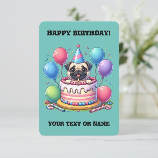 Gelukkige Eerste Verjaardagstaart en Pug (Staand voorkant)