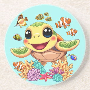 Gelukkige en Schattige Zeeschildpad Baby Karakter Zandsteen Onderzetter