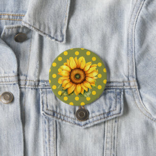Gelukkige Gele En Groene Zonnebloem op Stippen Ronde Button 7,6 Cm