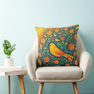 Gelukkige Gele Vogel Whimsical Artsy Folk Swirls Kussen
