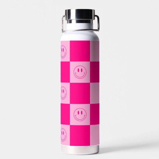 Gelukkige Glimlach & Stijlvolle Hete Roze Geruite Waterfles (Achterkant)