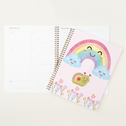 Gelukkige glimlachende regenboog met knuffelslak & planner (Display)