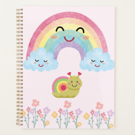 Gelukkige glimlachende regenboog met knuffelslak & planner