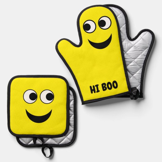 Gelukkige glimlachende vriendelijke Cartoon Ovenwant & Pannenlap Set (Voorkant / Achterkant)