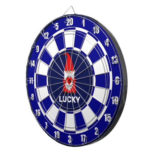 Gelukkige Gnome met Hart op Blauw & Wit Dartbord (Voorkant Rechts)