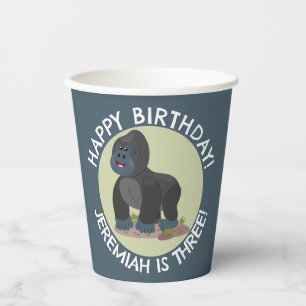 Gelukkige gorilla gepersonaliseerde cartoon verjaa papieren bekers