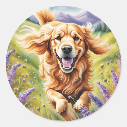 Gelukkige Gouden Retriever in Lavendelgebied Ronde Sticker (Voorkant)
