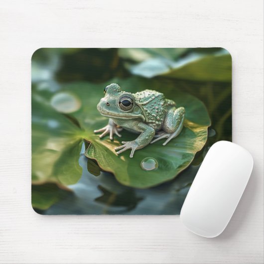 Gelukkige Groene Kikker op Lily Pad in Vijver Muismat (Met muis)