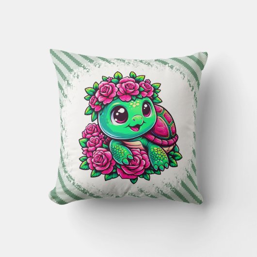Gelukkige Groene Schildpad met Roze Rozen Kussen (Voorkant)