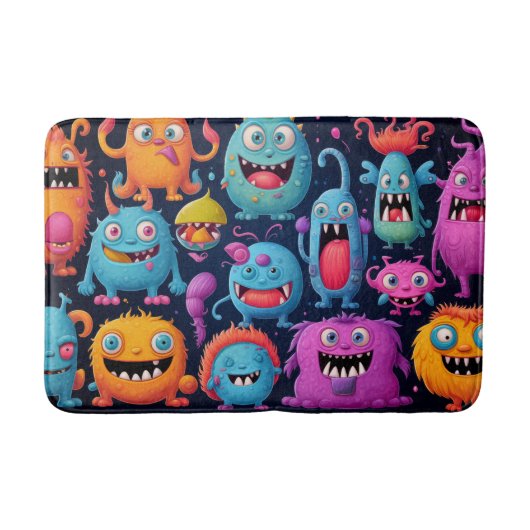 Gelukkige groep kleurrijke monsters op zwart badmat (Voorkant)