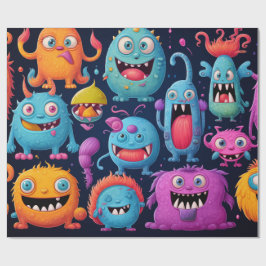 Gelukkige groep kleurrijke monsters op zwart cadeaupapier