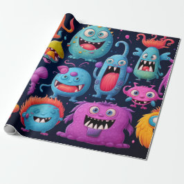 Gelukkige groep kleurrijke monsters op zwart cadeaupapier