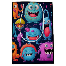 Gelukkige groep kleurrijke monsters op zwart medium cadeauzakje