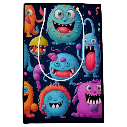 Gelukkige groep kleurrijke monsters op zwart medium cadeauzakje (Voorkant)
