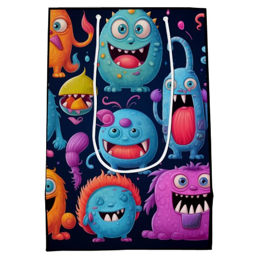 Gelukkige groep kleurrijke monsters op zwart medium cadeauzakje (Achterkant)