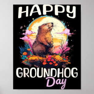 Gelukkige Groundhog Day Schattige Vintage Kunst Gr Poster