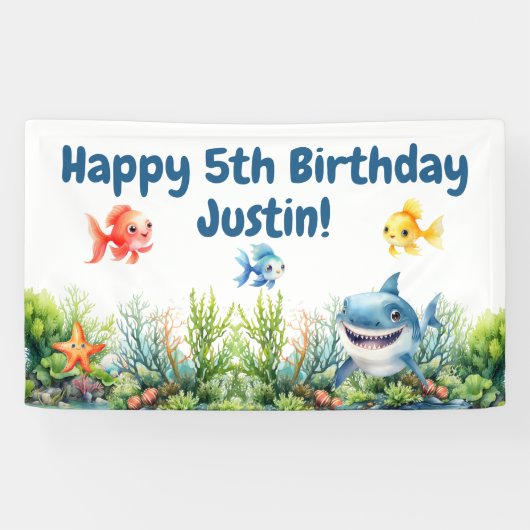 Gelukkige Haai Onder de Zee Verjaardag Spandoek (Horizontaal)