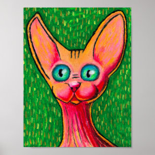 Gelukkige haarloze kat in oliepastel op groen poster