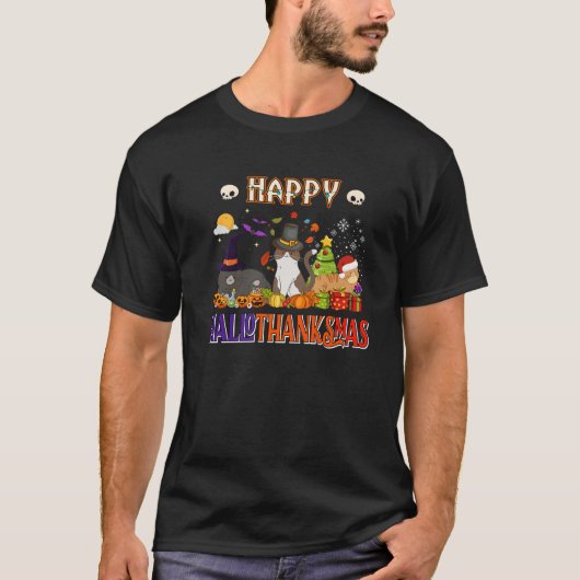 Gelukkige Hallothanksmas Kat Heks Santa Hoed Pompo T-shirt (Voorkant)