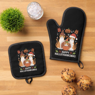 Gelukkige Hallothanksmas Katten Halloween Kerstmis Ovenwant & Pannenlap Set
