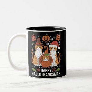 Gelukkige Hallothanksmas Katten Halloween Kerstmis Tweekleurige Koffiemok