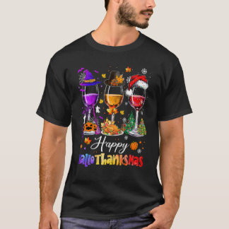 Gelukkige Hallothanksmas Wijn Glazen Heks Kerstman T-shirt