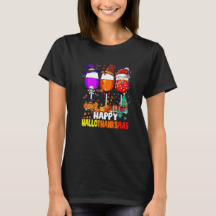Gelukkige Hallothanksmas Wijnglazen Heks Kerstman  T-shirt