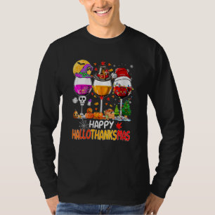 Gelukkige Hallothanksmas Wijnglazen Heks Kerstman T-shirt