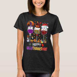 Gelukkige Hallothanksmas Wijnglazen Heks Kerstman  T-shirt
