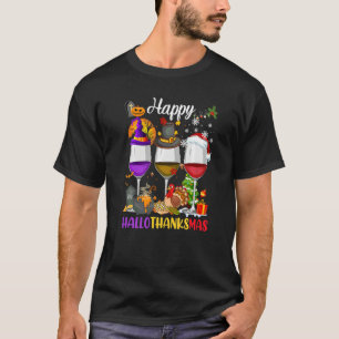 Gelukkige Hallothanksmas Wijnglazen Heks Kerstman  T-shirt