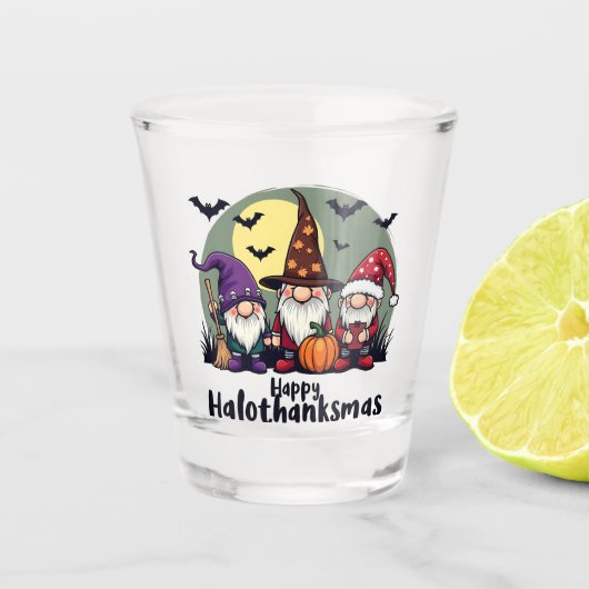 Gelukkige Hallothanksmas Xmas Halloween Gnomes Shot Glas (Voorkant)